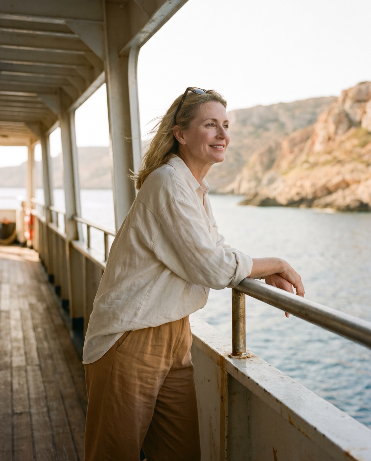 A woman in her fifties on the deck of a ferry, looking out at the coast