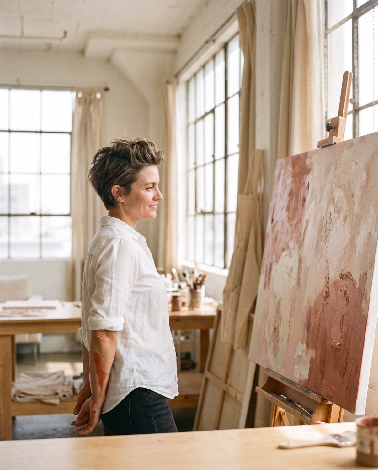 A woman in her forties stepping back from a large canvas in her painting studio
