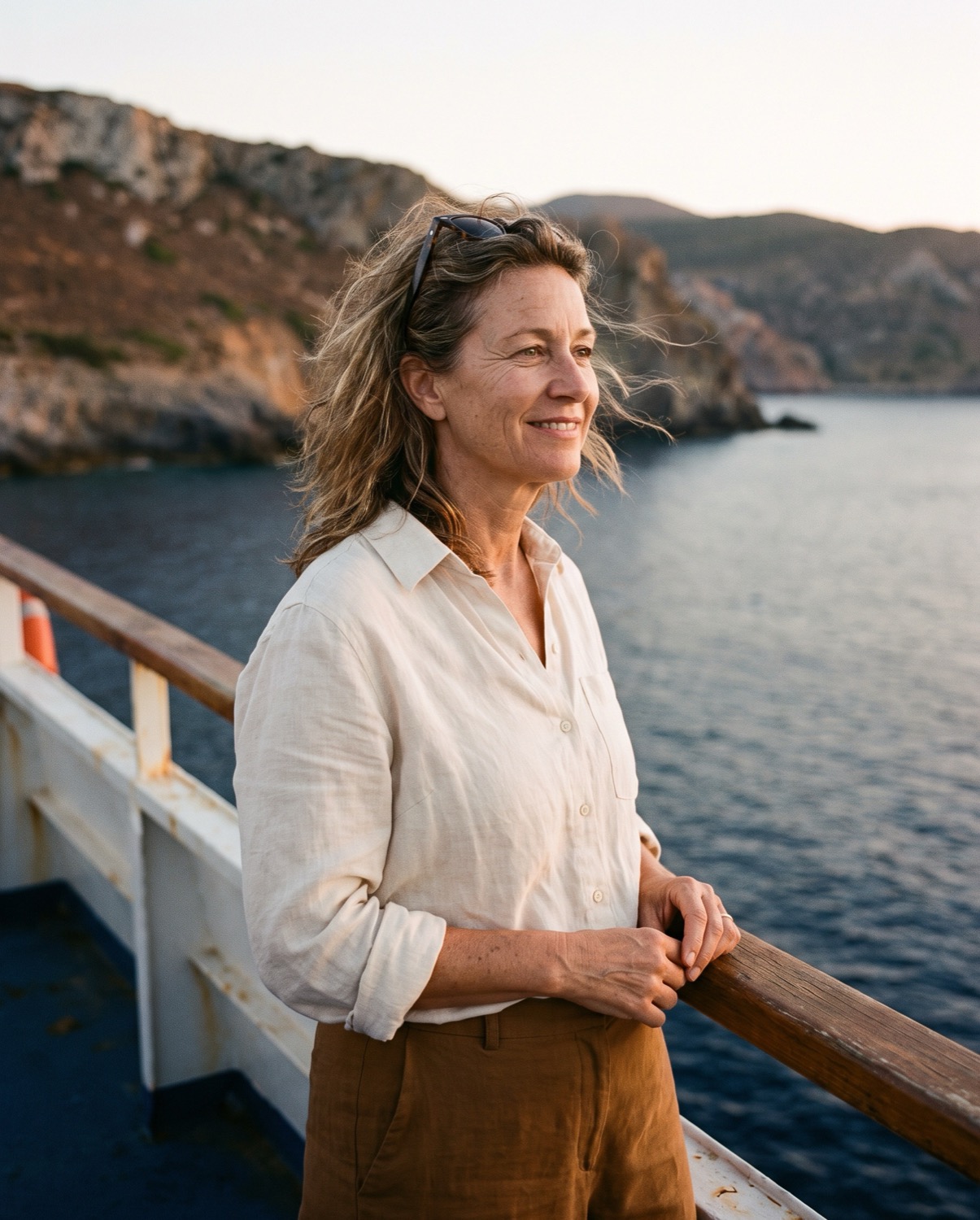 A woman in her fifties on the deck of a ferry, looking at the coast