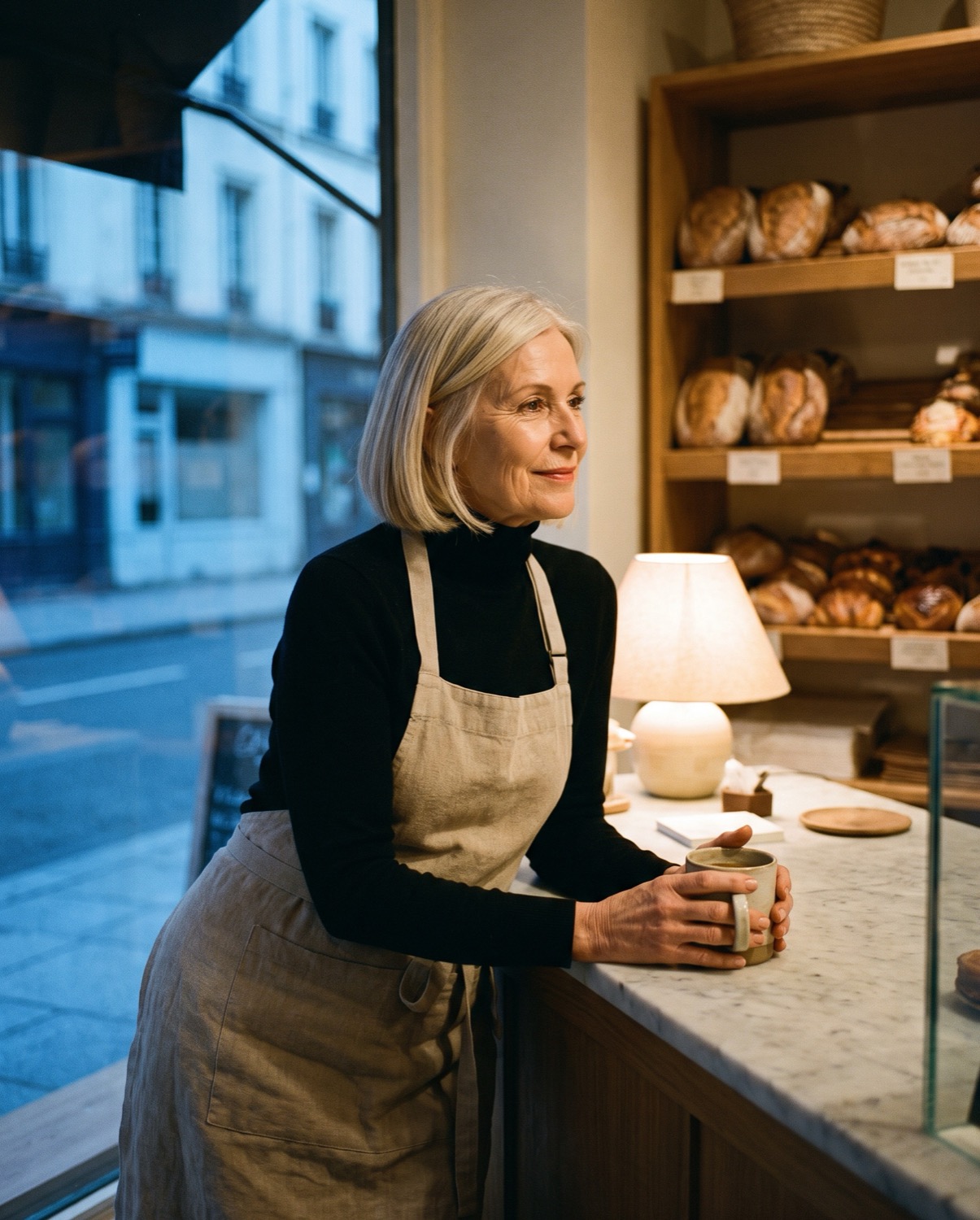 A woman in her fifties in the bakery she opened, before dawn