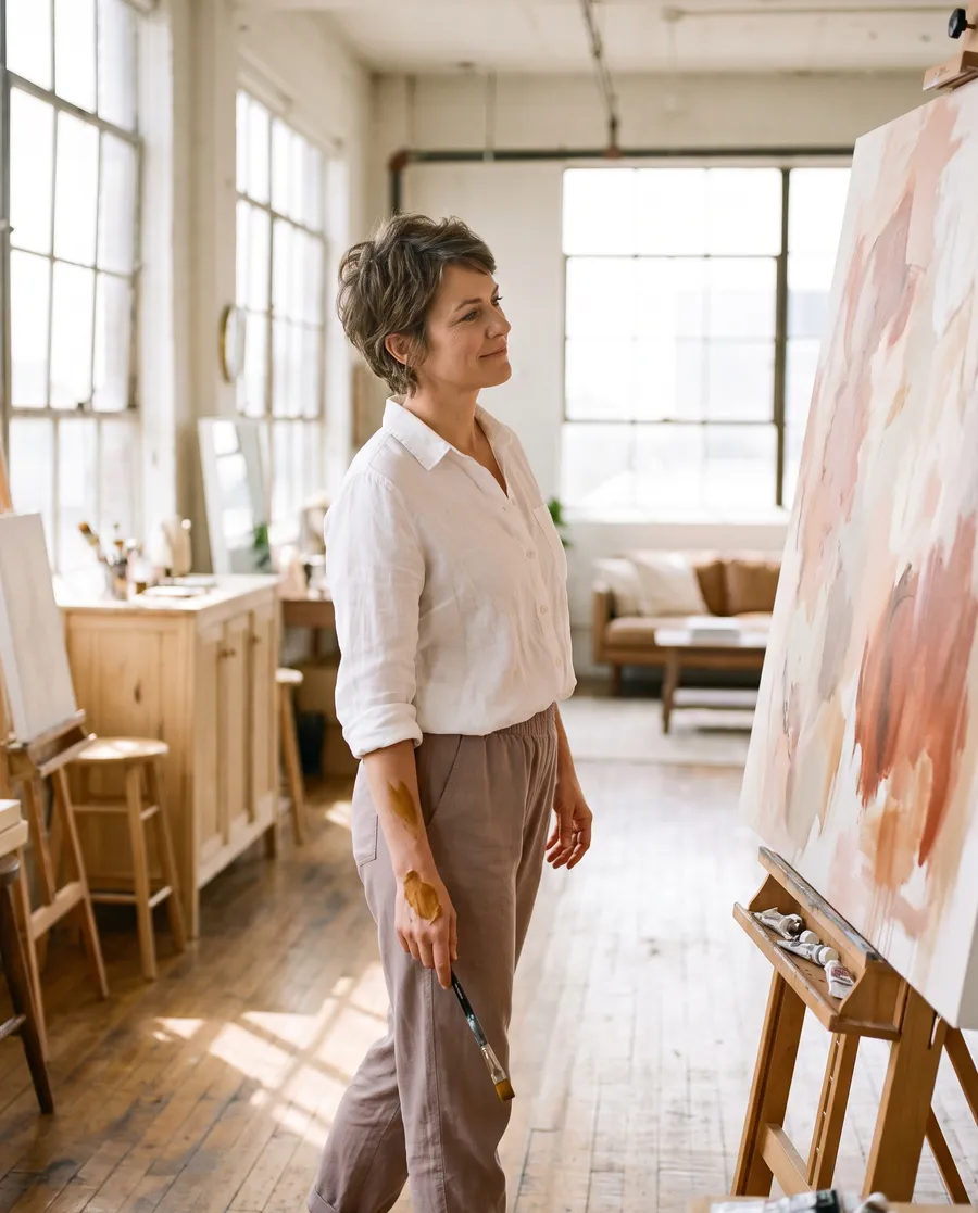 A woman in her forties in her painting studio, starting something new
