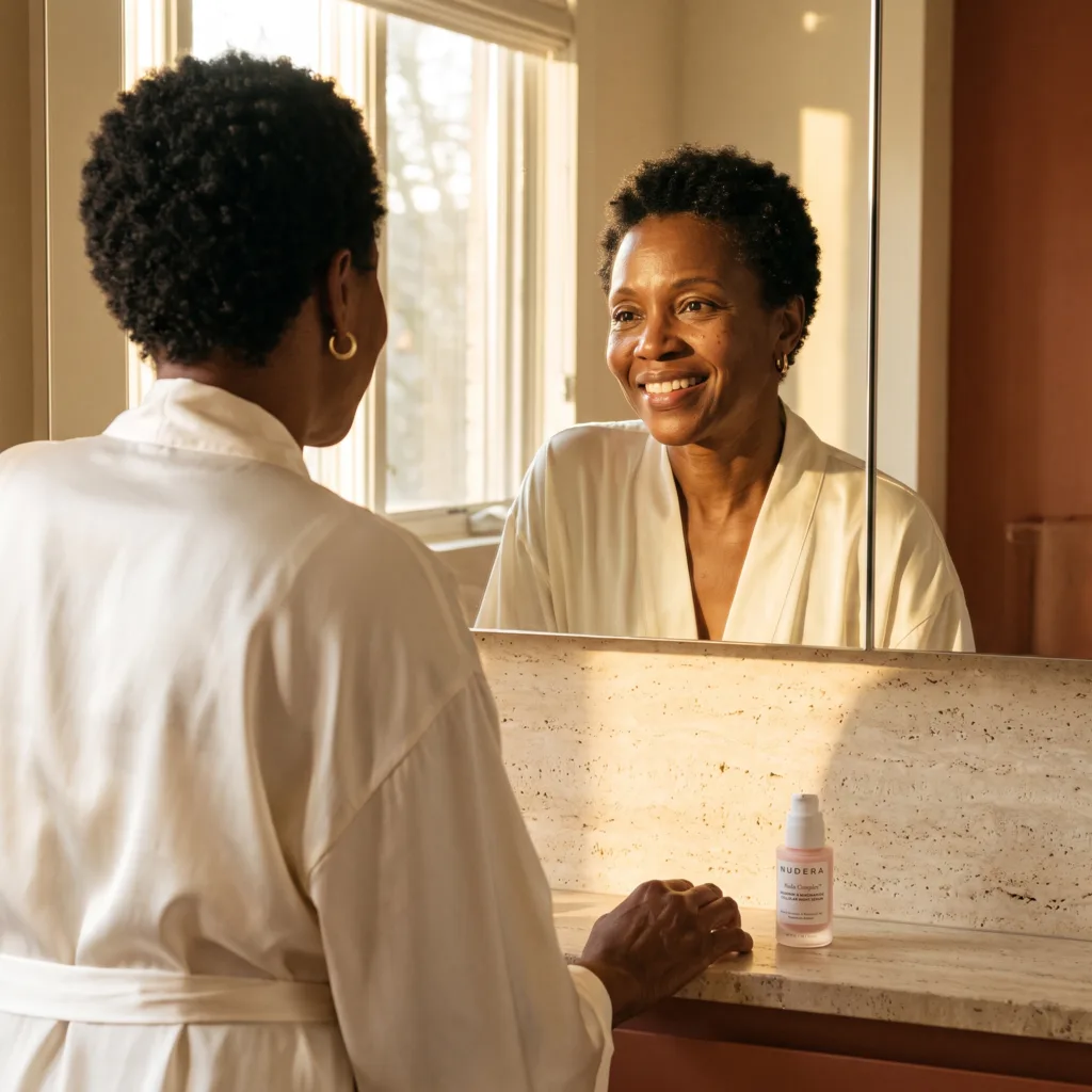 Woman in her late 40s smiling at her reflection in morning light